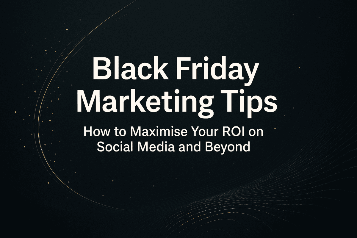 This dark premium header image features abstract gold and electric blue digital lines and glowing accents on a charcoal background, with bold white typography displaying ‘Black Friday Marketing Tips’ and the subtitle ‘How to Maximise Your ROI on Social Media and Beyond’. Designed to convey modern, data-driven marketing excellence.