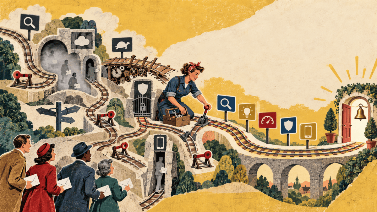 Vintage-style illustration of a business owner repairing a confusing website machine so visitors can follow a clearer path towards making an enquiry.