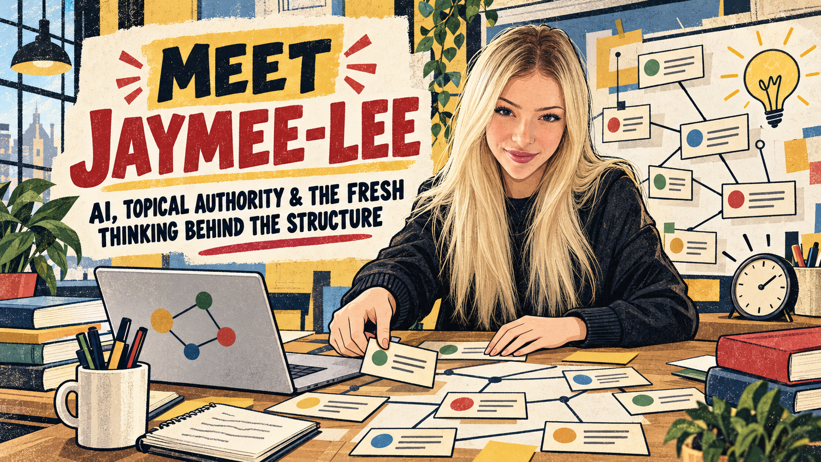 Jaymee-Lee creating an AI-assisted topical authority content structure for the Spiders & Milk digital marketing team.