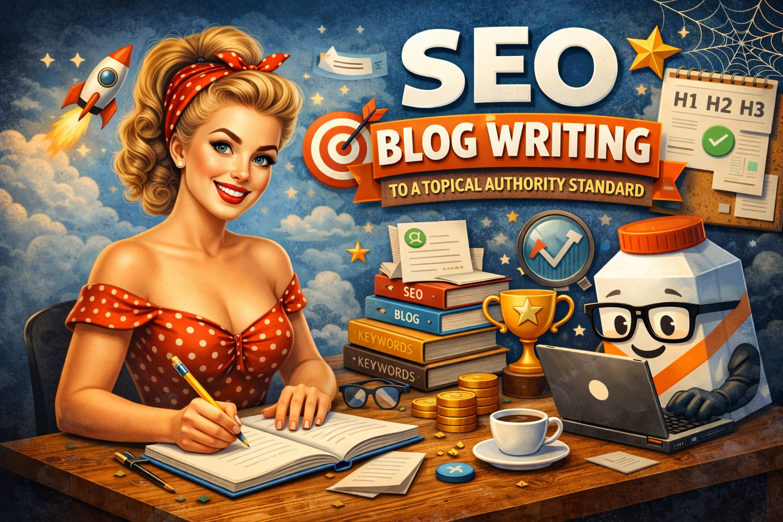 Cartoon of pin up girl writing blogs along side a carton of milk to reposent spiders and milk