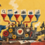 Illustrated small business owner operating a connected digital marketing strategy machine for SEO, websites, advertising, social media, email and analytics.