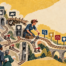 Vintage-style illustration of a business owner repairing a confusing website machine so visitors can follow a clearer path towards making an enquiry.