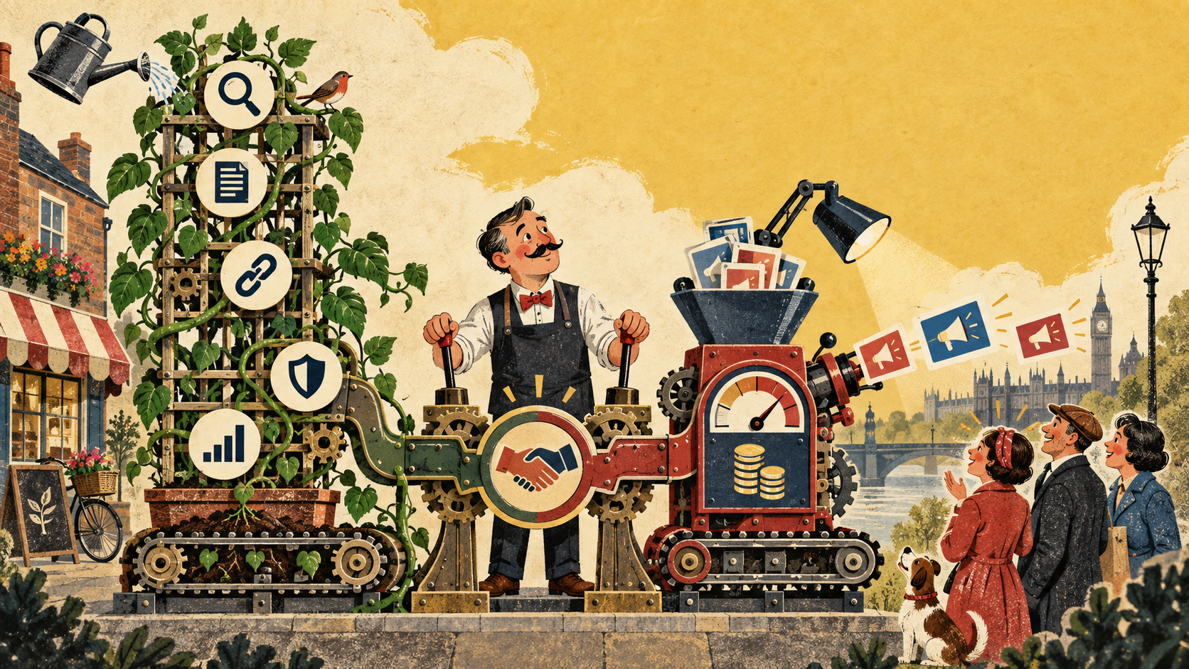 Vintage-style illustration comparing SEO and Google Ads, with a business owner connecting an organic search growth machine to a paid advertising machin